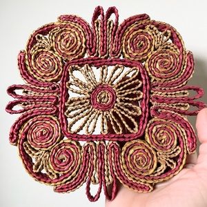 EUC Vintage Wicker Rattan Kitchen Trivet Hot Pad Pink Yellow Boho ✨ Like New ✨